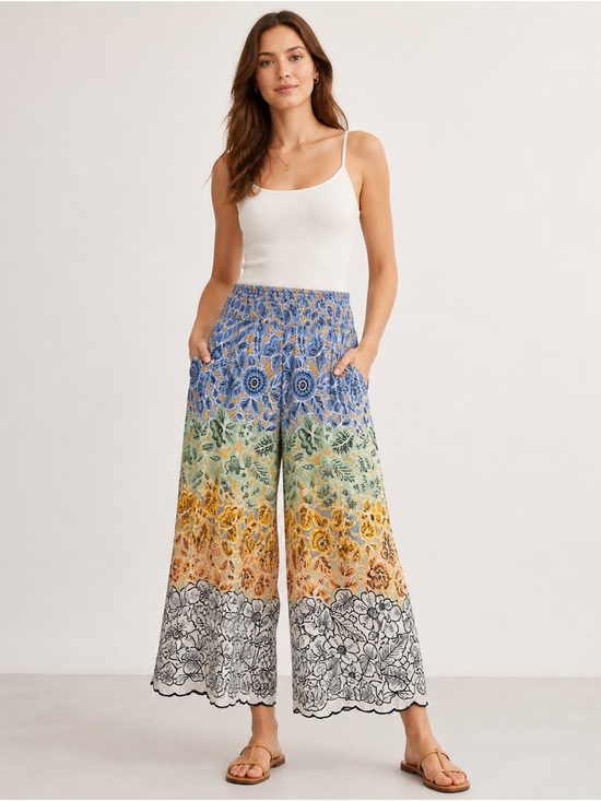 Anthropologie Pants - Anthropologie Saria Smocked Wide-Leg Pants Women’s M Floral Boho Rayon Palazzo